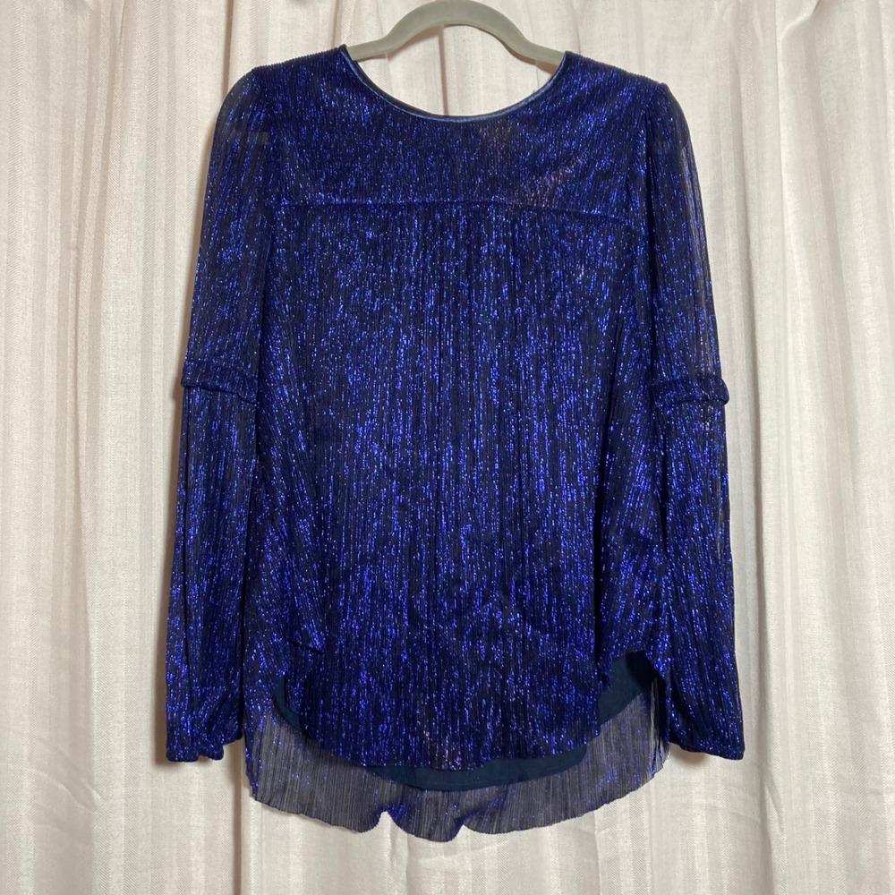 Moulinette Soeurs Anthropologie Blue Metallic Pleated Blouse Medium‎ Long Sleeve